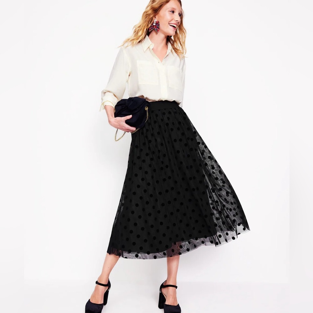 Boden Black Polka Dot Tulle Midi Skirt